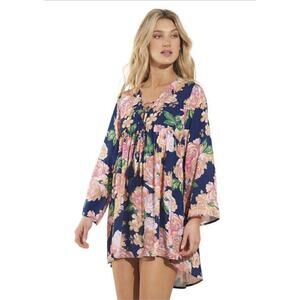 Maaji Blue Floral Peony Helena Tunic/coverup Sz M Anthropologie Boho